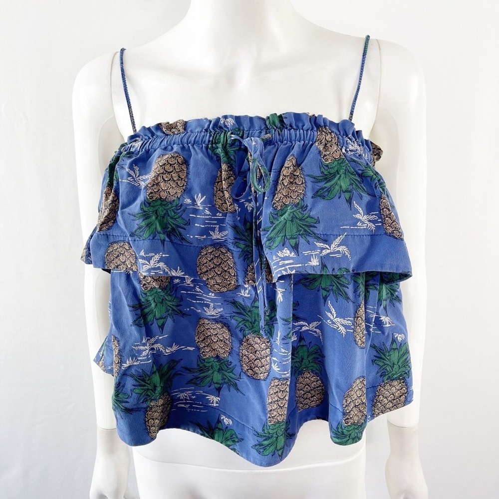 SEA New York Blue Tiered 100% Silk Crop Top Size 10 Pineapple 🍍 Tropical Summer